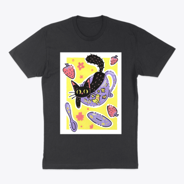 Cute Black Teacup Kitty and Strawberries